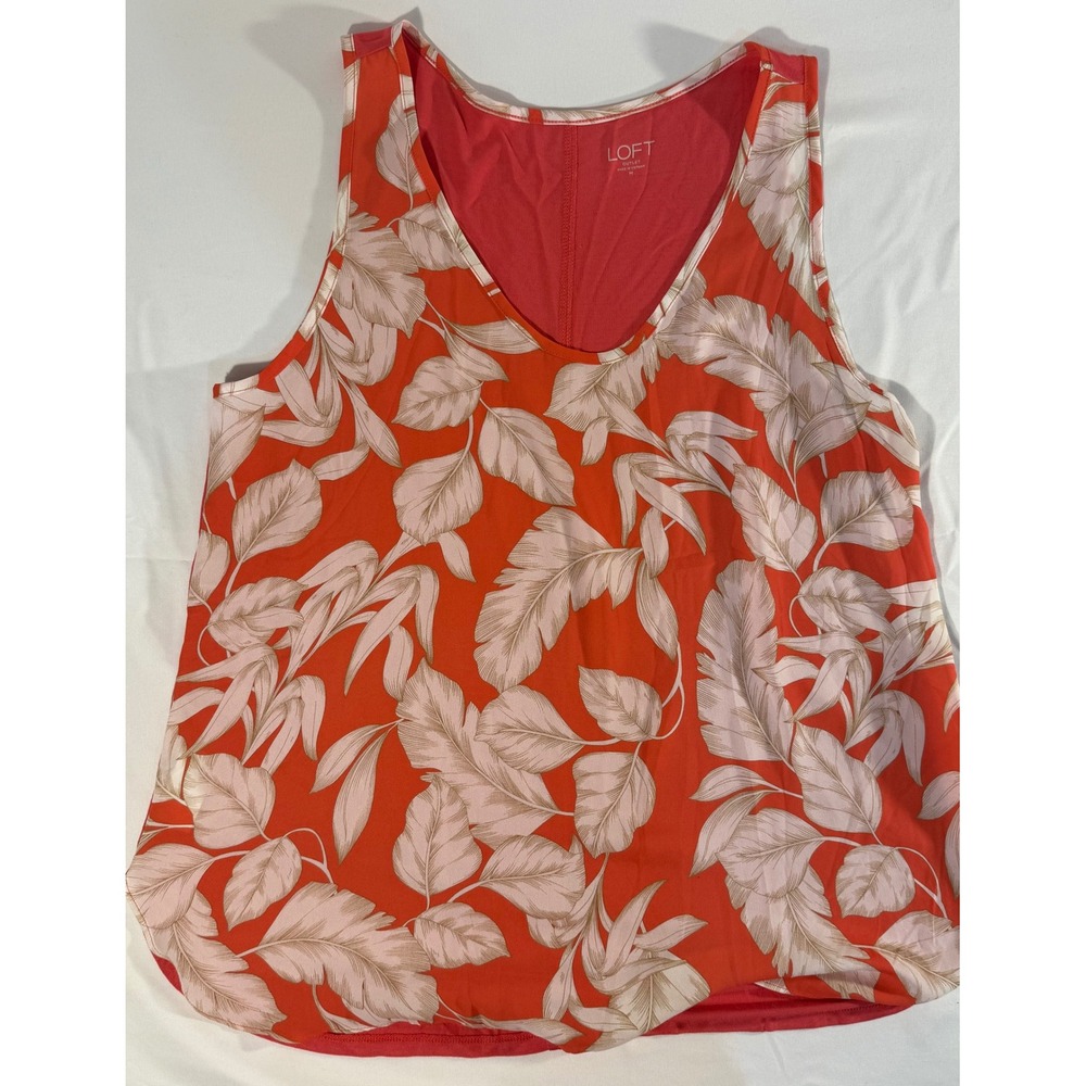 Loft Outlet Womens Orange Floral Leaf Print V-Neck Mixed Media Tank Top Size M